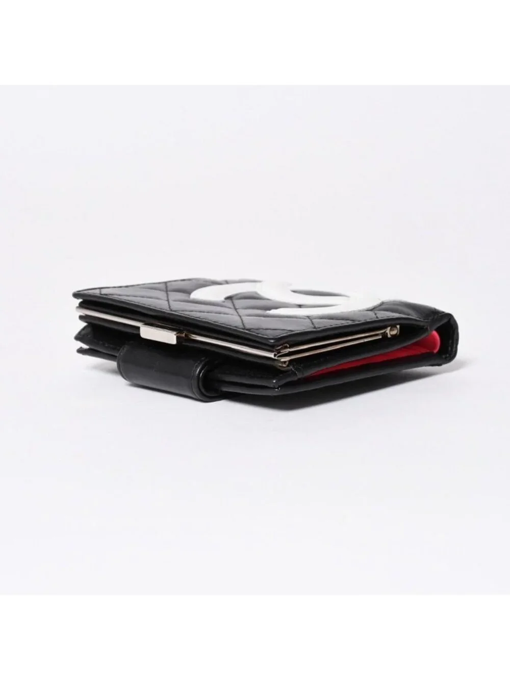 Chanel Cambon Line Bifold Wallet CC Logo Calfskin Kiss Lock Black Silver